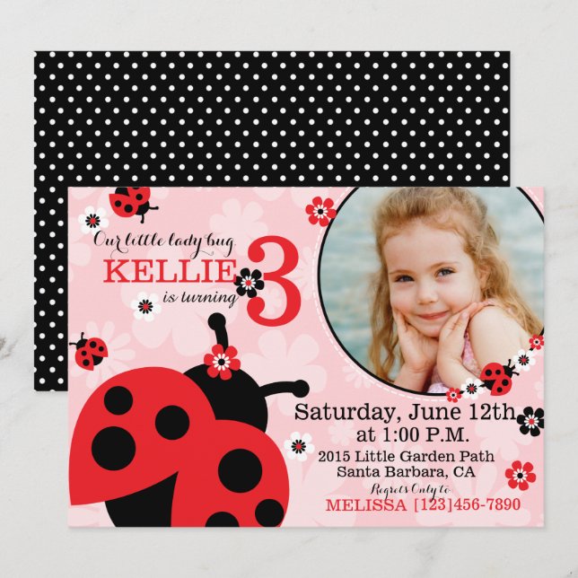 Garden flowers and Lady Bugs Birthday Invite (Front/Back)