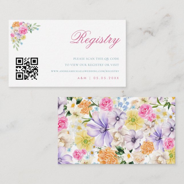 Garden Flowers Bloom Qr Code Wedding Gift Registry Enclosure Card (Front/Back)