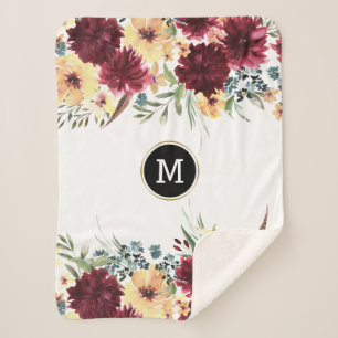 Garden flowers border Deep-red & yellow Sherpa Blanket