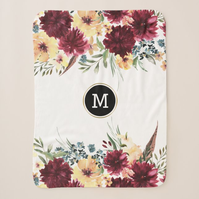 Garden flowers border Deep-red & yellow Sherpa Blanket (Front)