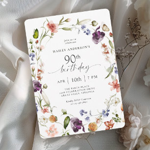 Garden Flowers Botanical Scrip 90th Birthday Party Invitation