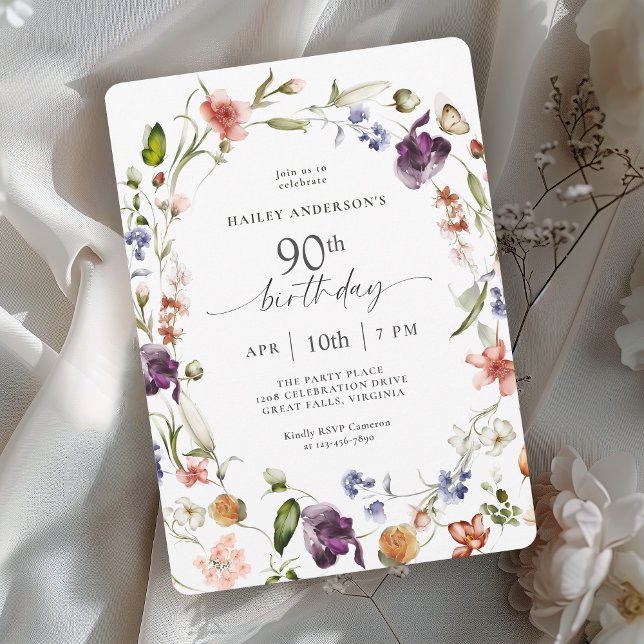 Garden Flowers Botanical Script 90th Birthday Invitation (Available in both printed and instant download digital formats.)