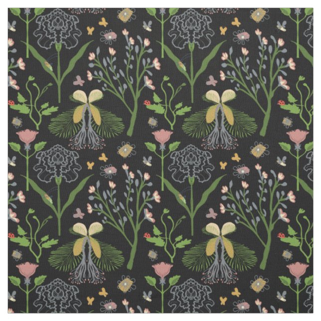 garden flowers, butterflies, grasshopper, ladybug fabric (Swatch)