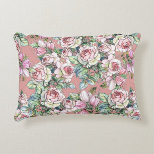 Garden flowers rose with tulips painted in waterco accent pillow