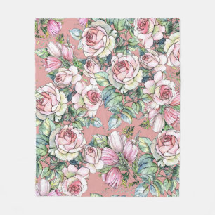 Garden flowers rose with tulips painted in waterco fleece blanket