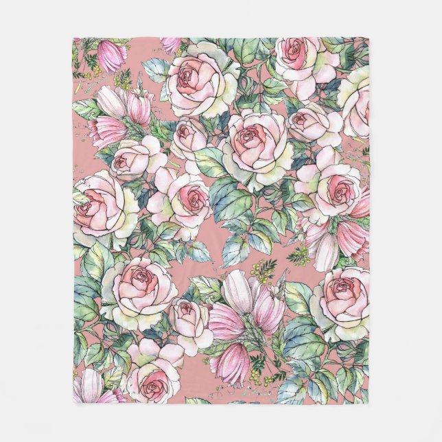Garden flowers rose with tulips painted in waterco fleece blanket (Front)
