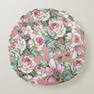 Garden flowers rose with tulips painted in waterco round pillow