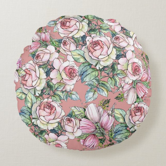 Garden flowers rose with tulips painted in waterco round pillow (Front)