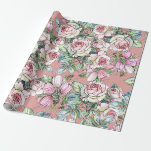 Garden flowers rose with tulips painted in waterco wrapping paper