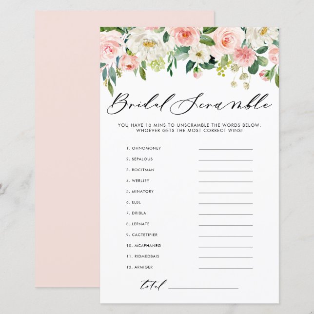 Garden Flowers Word Scramble Bridal Shower Game (Front/Back)