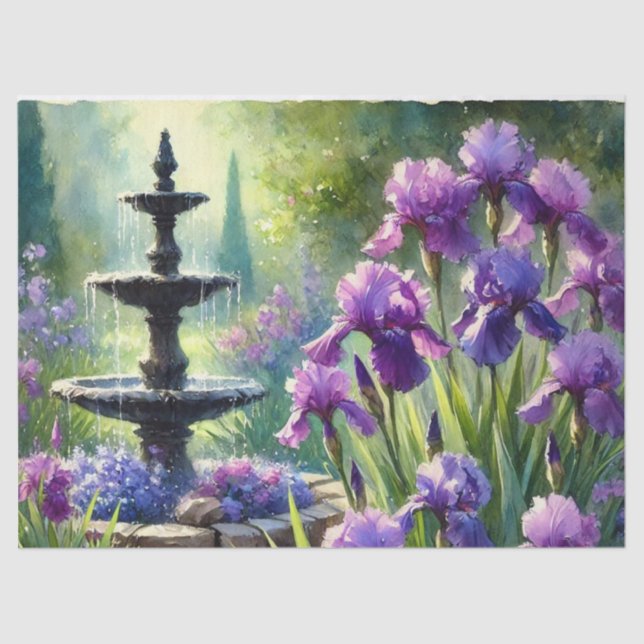 Garden Fountain with Purple Irises Tissue Paper (Front)