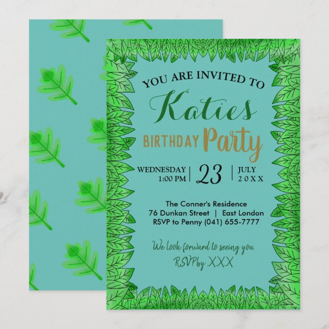 Garden Fresh Nature Simple Leaves Green Birthday Invitation (Front/Back)