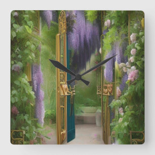 Garden Gate and Wisteria  Square Wall Clock