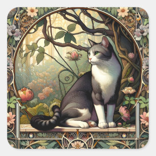 Garden Gateway Art Nouveau Cat Square Sticker
