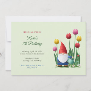 Garden Gnome and Tulips Spring Birthday Invitation