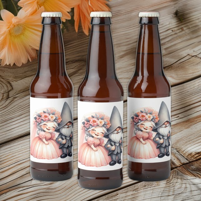 Garden Gnome Bride Groom  Fairytale Rustic Wedding Beer Bottle Label (Creator Uploaded)
