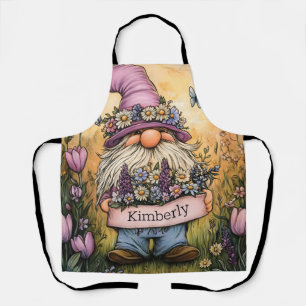 Garden Gnome Illustration with Customizable Banner Apron