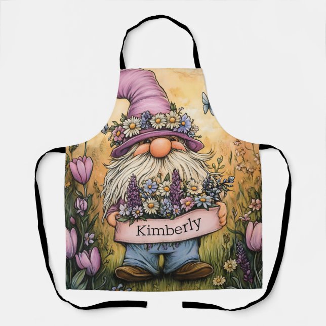 Garden Gnome Illustration with Customizable Banner Apron (Front)