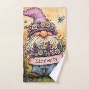 Garden Gnome Illustration with Customizable Banner Hand Towel