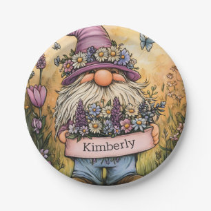 Garden Gnome Illustration with Customizable Banner Paper Plate