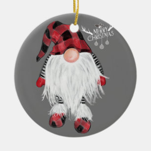 Garden Gnome Merry Christmas Red Buffalo Plaid Paj Ceramic Ornament