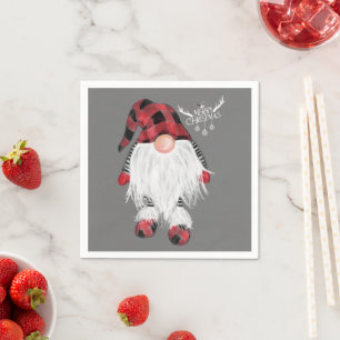 Garden Gnome Merry Christmas Red Buffalo Plaid Paj Napkin