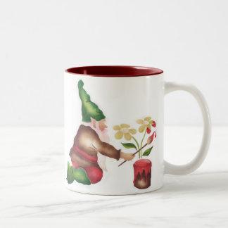 Garden Gnome Painting Flowers Two-Tone Coffee Mug