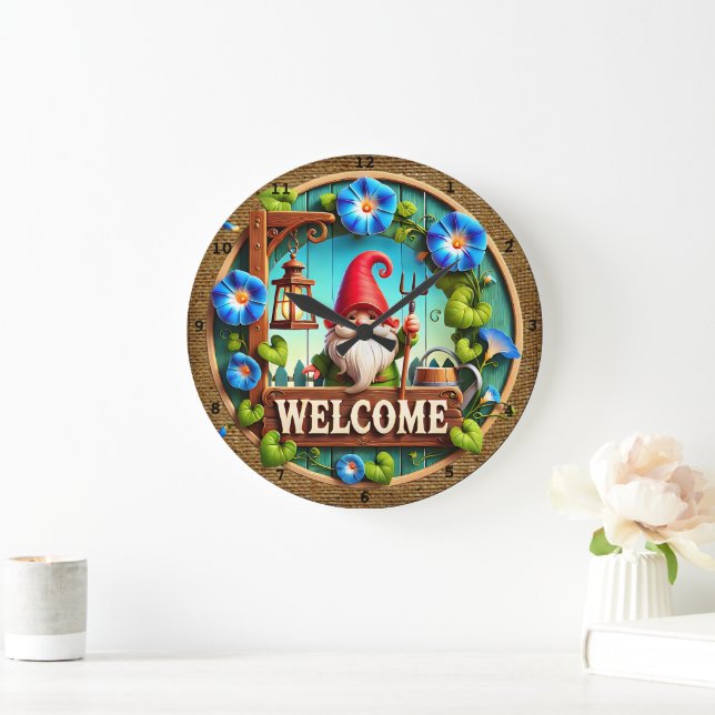 Garden Gnome Welcome Large Clock (Home)