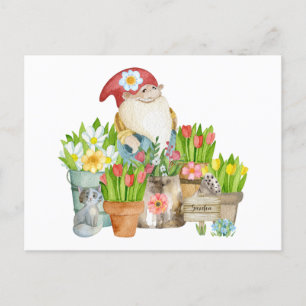 Garden Gnome with Flowers and Cat  Postcard