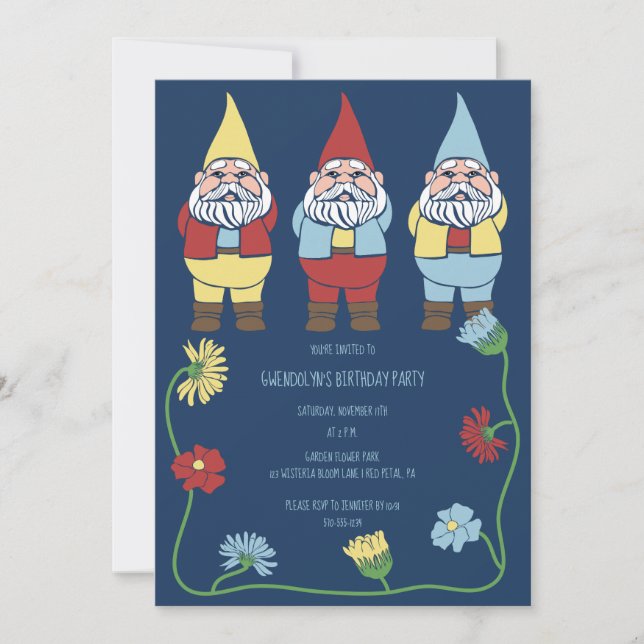 Garden Gnomes and Flowers Custom Birthday Party Invitation (Front)