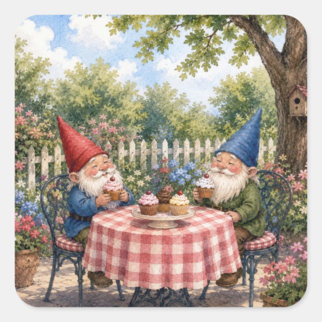 Garden Gnomes Eating Cupcakes Square Sticker (Front)