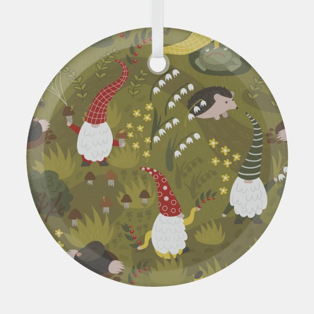 Garden Gnomes: Humourous Flora Fauna. Glass Ornament (Front)