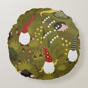 Garden Gnomes: Humourous Flora Fauna. Round Pillow