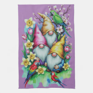 Garden Gnomes with Parrots and Spring Florals Kitchen Towel