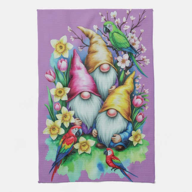 Garden Gnomes with Parrots and Spring Florals Kitchen Towel (Vertical)