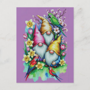 Garden Gnomes with Parrots and Spring Florals Postcard