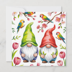 Garden Gnomes with Tropical Parrots Holiday Card