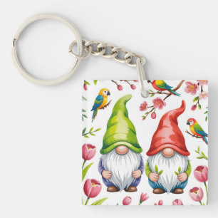 Garden Gnomes with Tropical Parrots Keychain