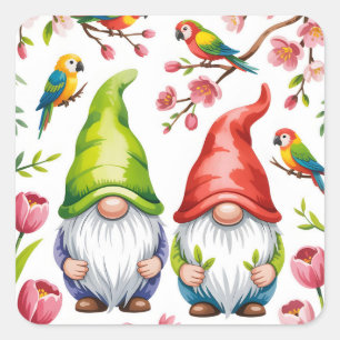 Garden Gnomes with Tropical Parrots  Square Sticker