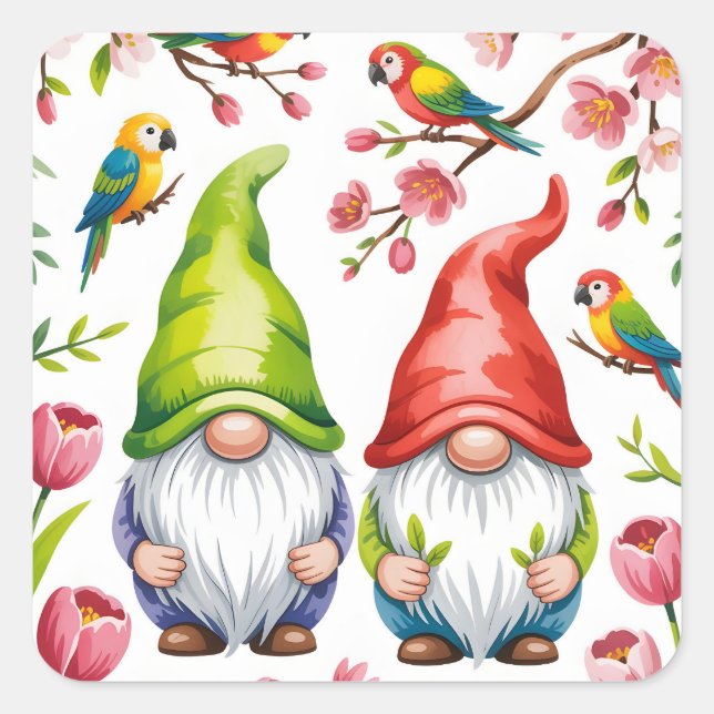 Garden Gnomes with Tropical Parrots  Square Sticker (Front)