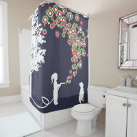 garden graffiti banksy style navy shower curtain
