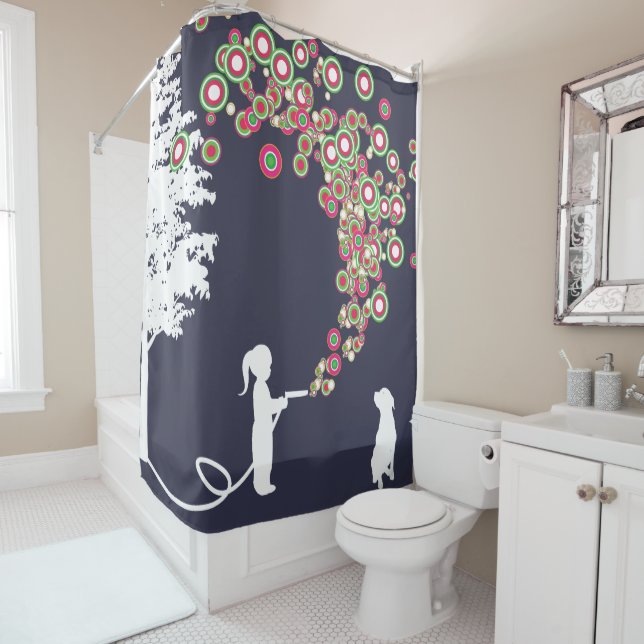 garden graffiti banksy style navy shower curtain (In Situ)