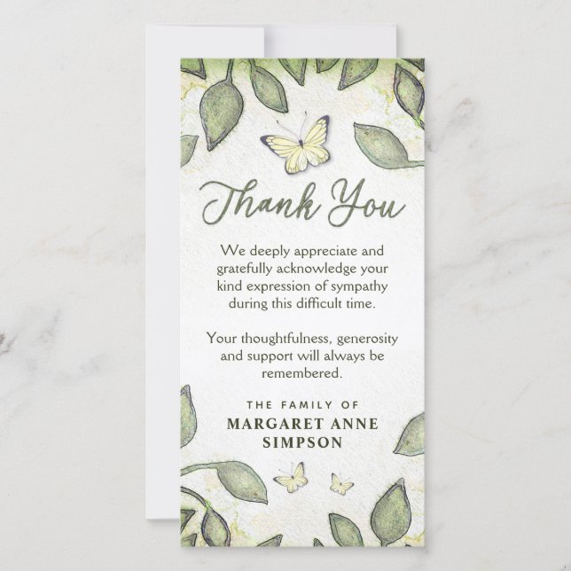 Garden Green Floral Butterfly Sympathy Thank You (Front)