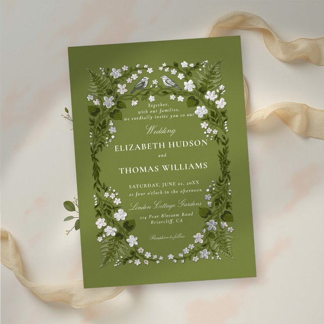 Garden Green Silver Enchanted Backyard Wedding (garden wedding invitation hand drawn botanical floral frame birds green white silver foil elegant)