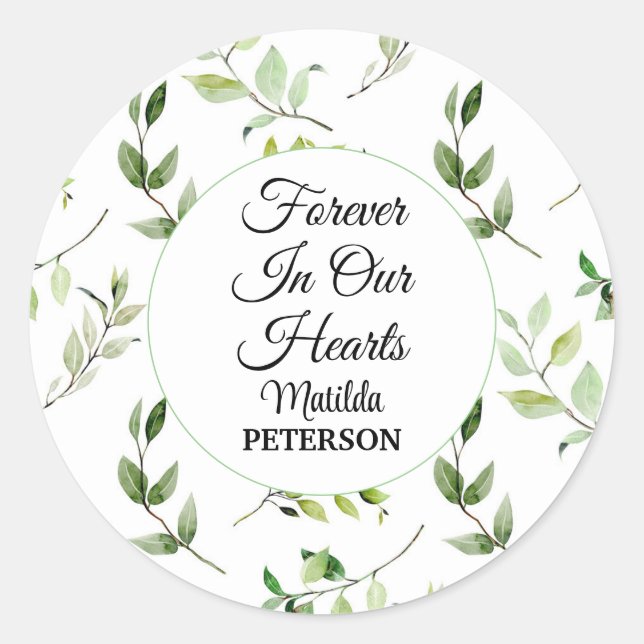 Garden Greenery Leaves Funeral  Classic Round Sticker (Front)