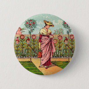 Garden Grow Flower Woman Art Antique 2 Inch Round Button