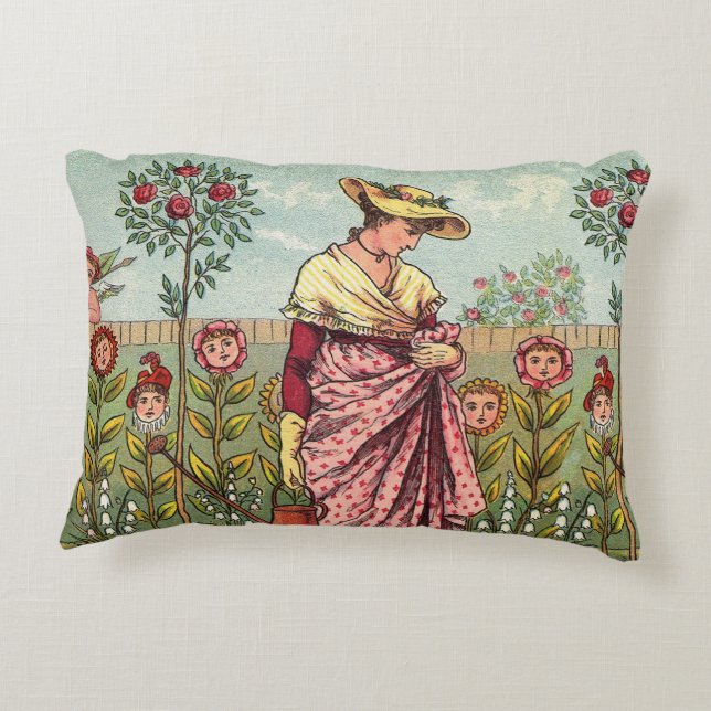 Garden Grow Flower Woman Art Antique Accent Pillow (Back)