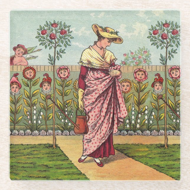 Garden Grow Flower Woman Art Antique Glass Coaster (Front)