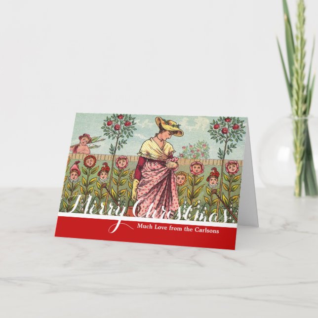Garden Grow Flower Woman Art Antique Holiday Card (Front)