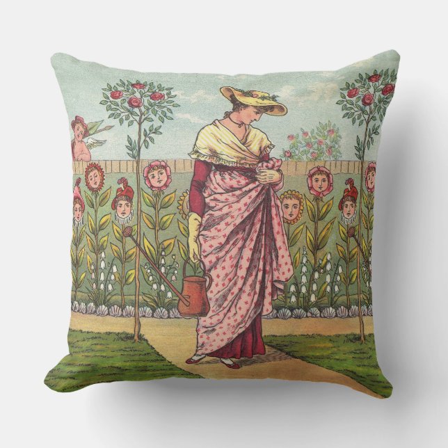Garden Grow Flower Woman Art Antique Outdoor Pillow (Front)